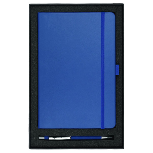 A blue journal and pen set presented in a black gift box with a logo on the journal.