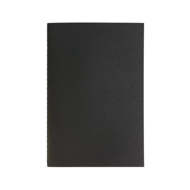 A black notebook with a simple cover, featuring stitching along the spine. Ideal for writing and note-taking.