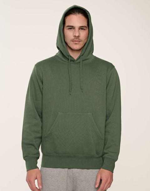 A men's green close-front contrast fleecy hoodie with a front pocket and a drawstring hood.