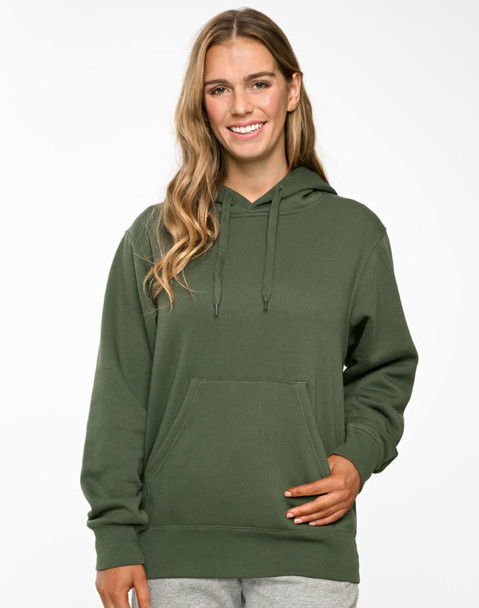 A green close front fleece hoodie with a kangaroo pocket and a hood, featuring a logo.