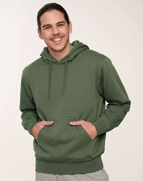A green adult fleece hoodie with a front pocket, featuring a drawstring hood and a relaxed fit.