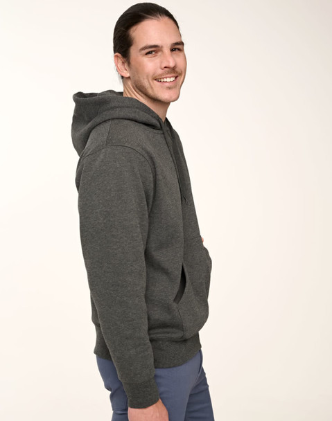 A man wearing a grey adult's close front contrast fleecy hoodie with a front pocket and a hood.