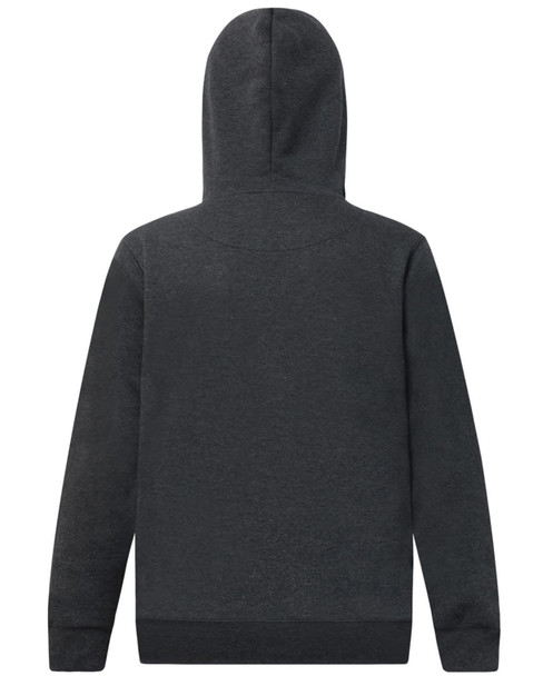A dark grey adult hoodie with a close front design and a hood. It features ribbed cuffs and a branding logo.
