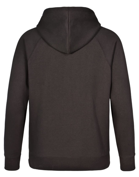 A dark brown men's fleecy hoodie featuring a hood and long sleeves. Includes a logo on the back.