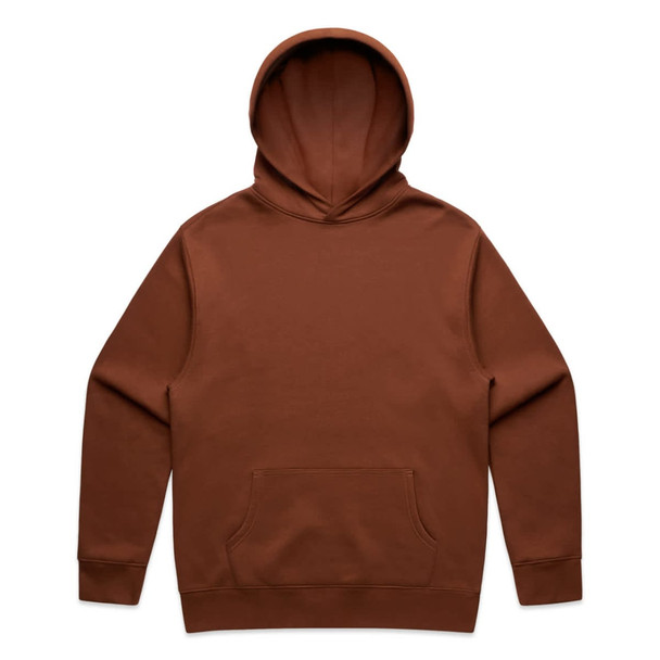 A brown hoodie with a front pocket and an attached hood, featuring a logo on the front.