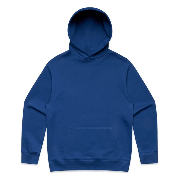 A blue hoodie featuring a front pocket and a classic hood design, with a logo on the chest.