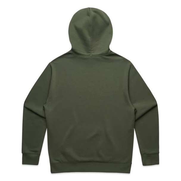 A green hoodie with a hood, featuring long sleeves and a plain back design. It includes a logo.