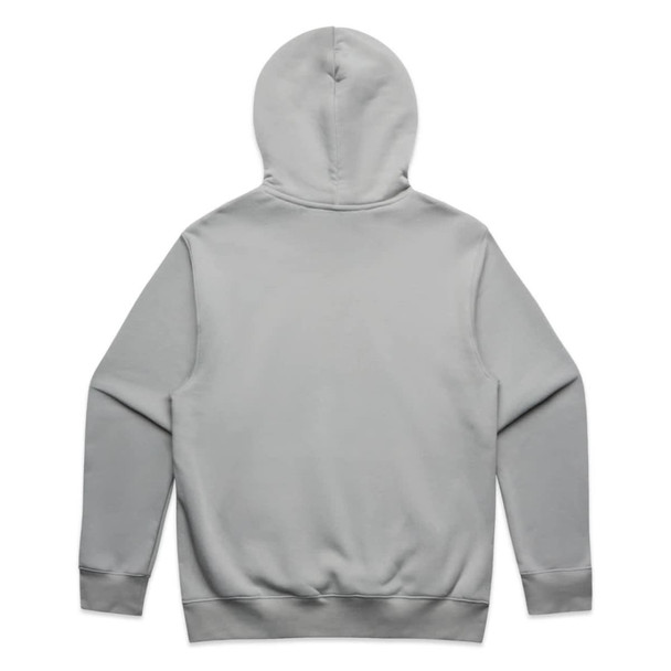 A grey hoodie with a hood and long sleeves, featuring a plain back and a logo.
