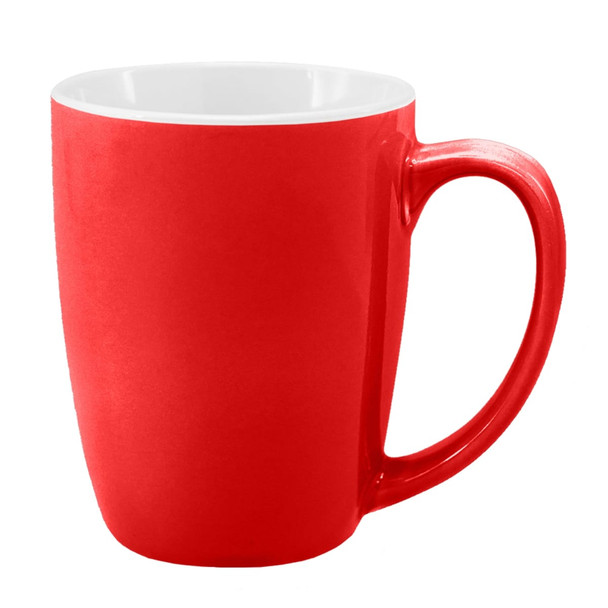 A red coffee mug with a white interior and a curved handle, featuring a logo.
