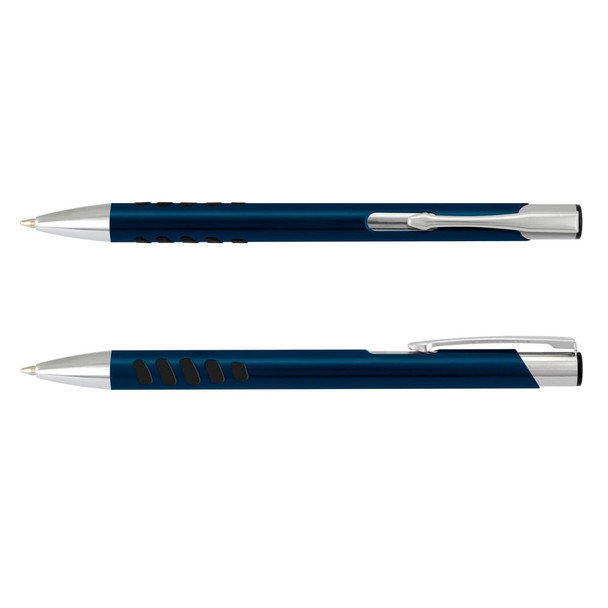 A metal pen featuring a blue body with silver accents and a clip, showcasing a sleek design.