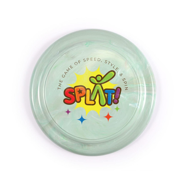 A green marbled flyer with colorful text and a logo in the center, designed for a game called "SPLAT!".