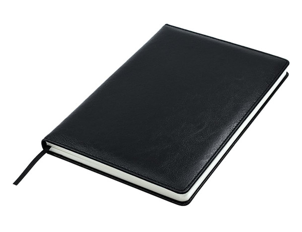 A black A5 notebook with a textured cover and a ribbon bookmark. The pages are white and unmarked.