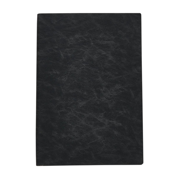 A black notebook featuring a textured cover with a minimalist design and a logo on the front.