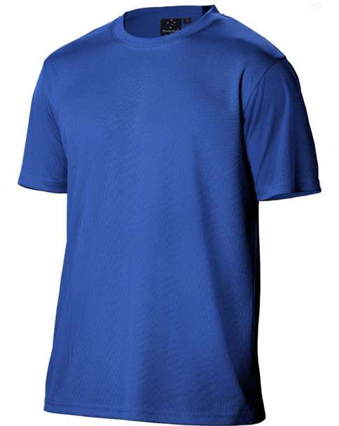 A blue men's short sleeve tee made from cooldry fabric, featuring a logo on the label.