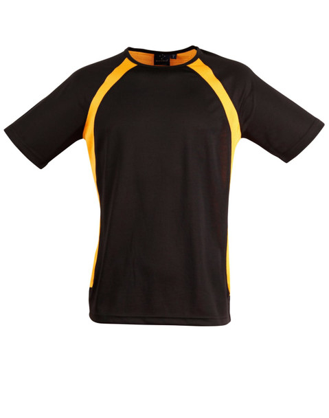 A black and yellow men's t-shirt with short sleeves and a logo on the label.