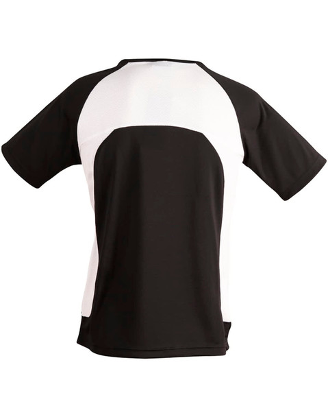 Men's Premier Tee Shirt in black and white, featuring a mesh back and short sleeves. Includes a logo.
