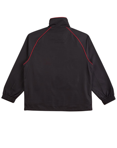 A black track jacket with red piping, featuring a high collar and elastic cuffs. It has a logo on the back.