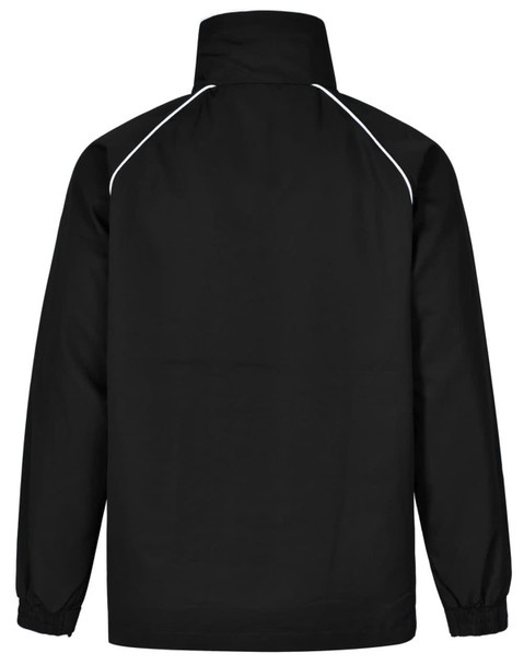 A black track jacket featuring a high collar and white piping details, with a plain back design and elasticated cuffs.