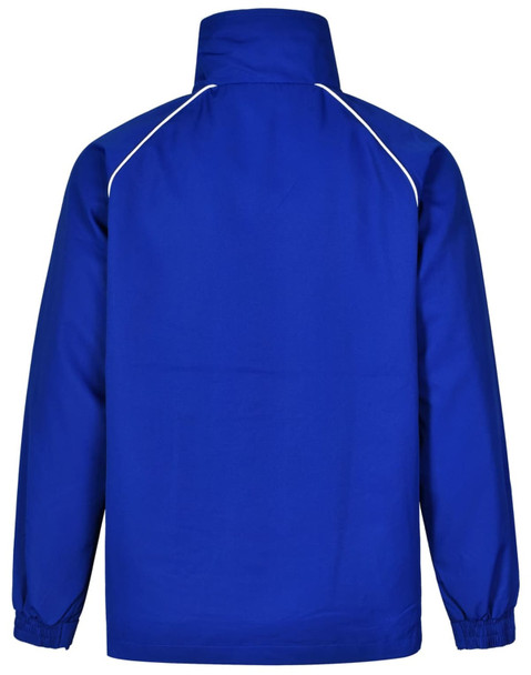 A blue adult track top jacket featuring a high collar and white piping details, with a logo on the design.