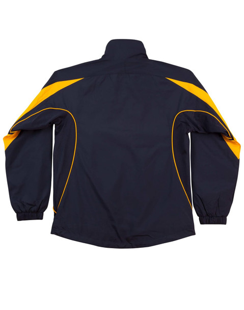 A navy and yellow track jacket with a high collar and elasticised cuffs. Features a logo on the upper back.