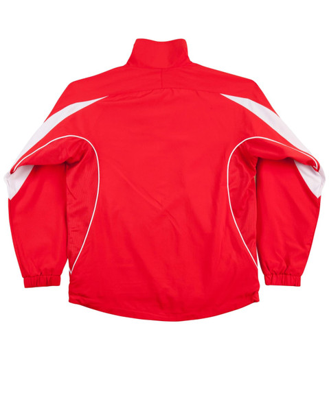 A red track jacket with white accents and a high collar, featuring a logo on the front.