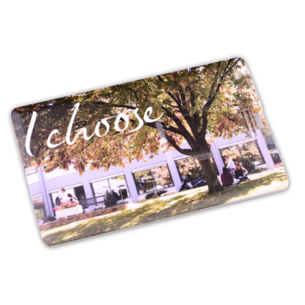 A credit card-sized flash drive featuring a photo of a tree and people sitting beneath it, with vibrant colours.