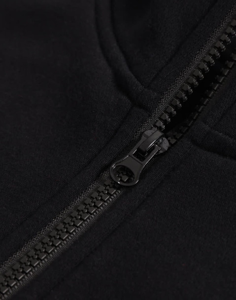 A close-up of a black half-zip collar fleecy jumper featuring a smooth zipper and soft fabric texture.