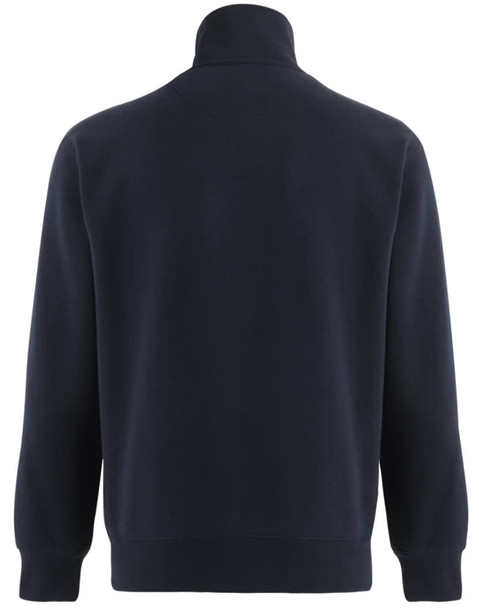A navy 1/2 zip collar polar fleece jumper with a plain back and a small logo.