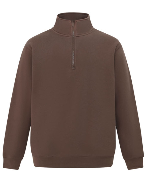 A brown 1/2 zip collar fleecy sweat featuring a regular fit and long sleeves. It has a logo on the front.