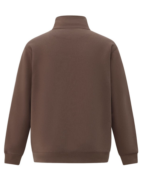 A brown 1/2 zip collar fleecy sweat in a plain design, featuring a logo on the back.