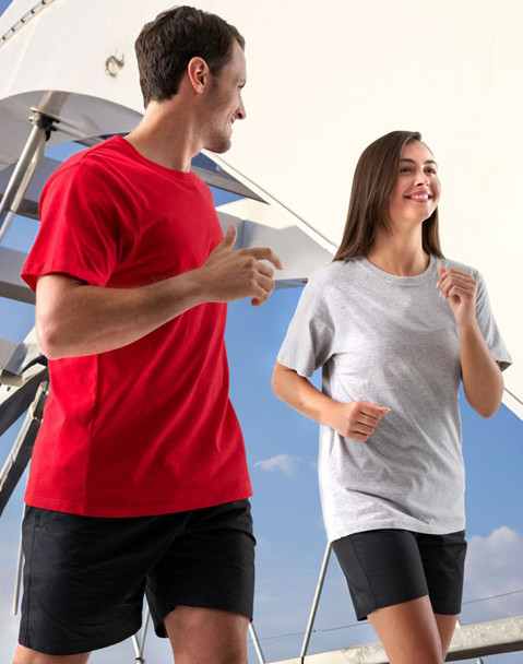 A unisex cotton tee in black and grey, displayed by a man and woman, featuring a logo on the garments.