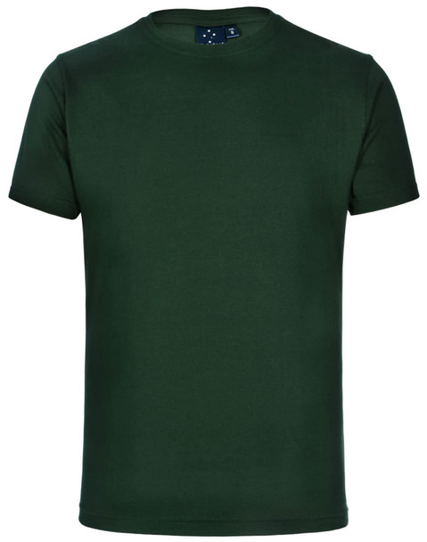 A green unisex cotton t-shirt with a classic crew neck and short sleeves. It features a logo on the label.