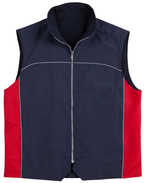 A navy and red men's 3-in-1 jacket featuring a zip front and sleeveless design. It has a logo on the chest.