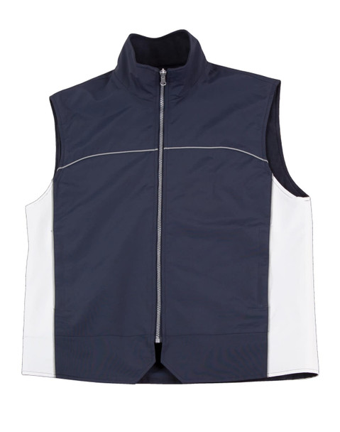 A navy and white men's 3-in-1 jacket featuring a zip front and raised collar. It has a logo on the front.
