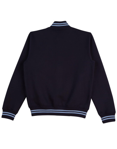 A navy fleece varsity jacket featuring a ribbed collar and striped cuffs. Includes a logo on the back.