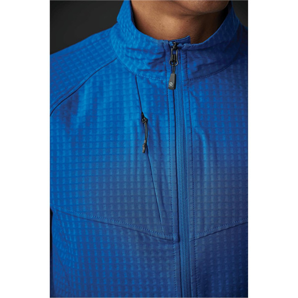 A close-up of a men's blue Kyoto jacket featuring a textured pattern and a zippered collar. The jacket includes a logo.