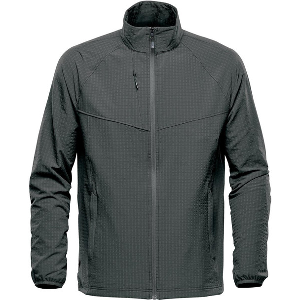 A men's jacket in dark grey with a zip front and a textured pattern. Features a stand-up collar and has branding.