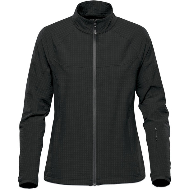 A women's jacket in dark grey with a zip front and a high collar, featuring a logo on the sleeve.