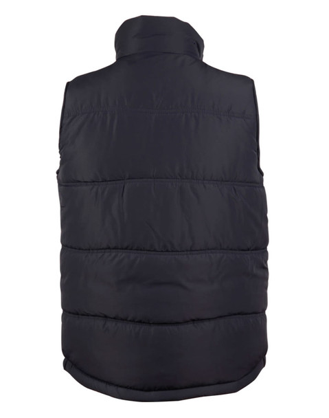 A heavy quilted vest in black, featuring a high collar and a simple design. Includes a logo on the back.