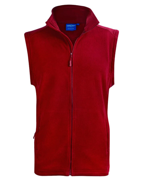 A red polar fleece vest with a zip front and a collar, featuring side pockets and a logo.