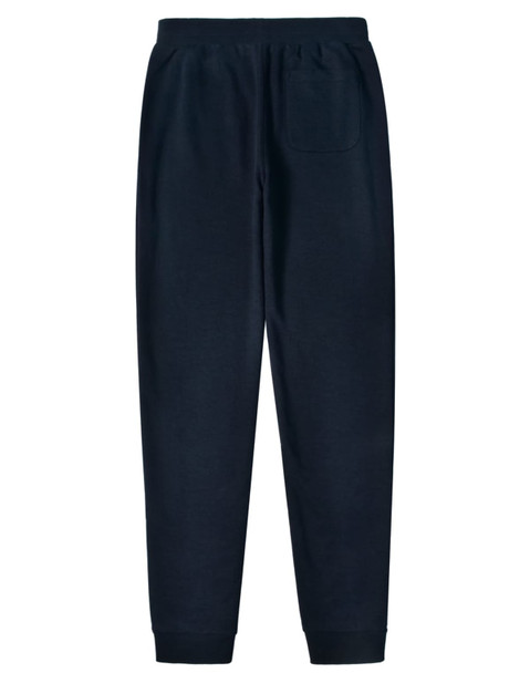 A pair of navy poly/cotton terry sweat pants with an elastic waistband and a back pocket.