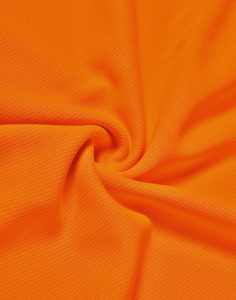 An orange fabric showcasing a textured pattern, suitable for polo shirts. The material appears lightweight and breathable.
