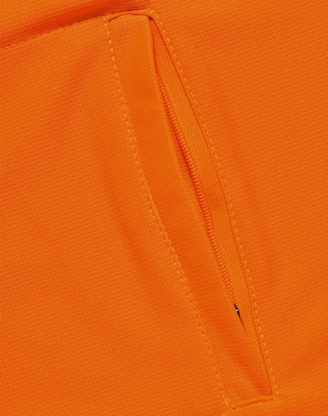 An orange polo shirt featuring a vented design and a zippered pocket. The fabric appears breathable and lightweight.