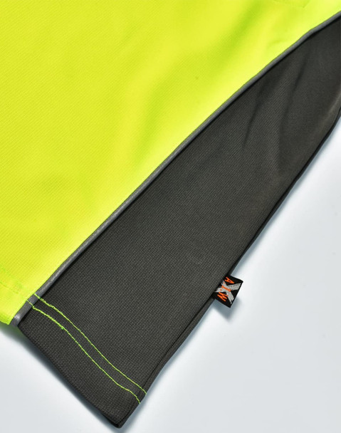 A vibrant high-visibility yellow and charcoal polo shirt featuring stitching details and a logo.