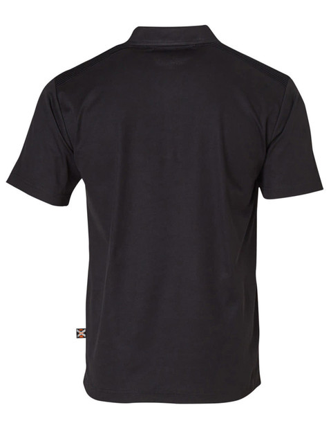 A black short-sleeve polo shirt with a logo on the back, designed for workwear.