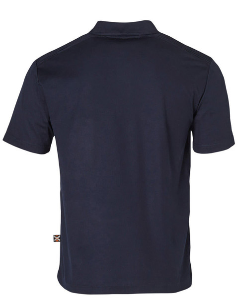 A navy blue short-sleeved polo shirt with a logo on the side. The back view features a classic collar design.