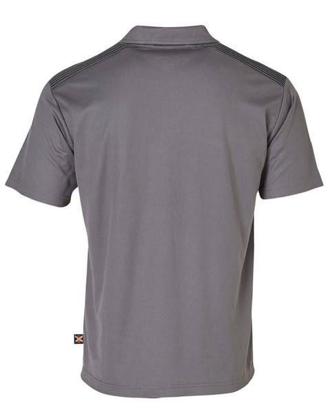 A grey short-sleeved polo shirt with a logo, featuring a plain back design and contrasting stitching.