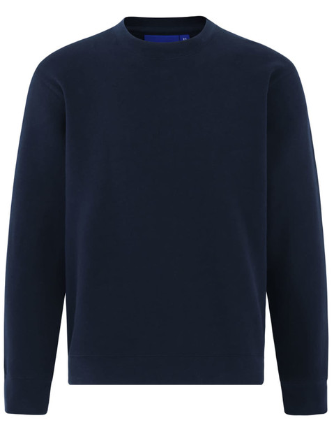A navy crew neck sweatshirt with long sleeves, featuring a simple design and a logo on the front.