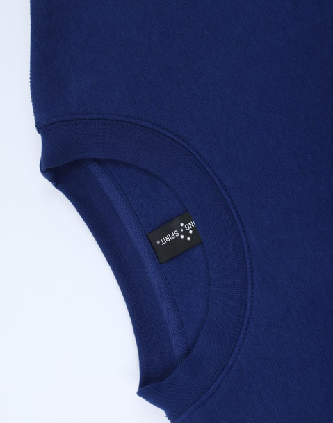 A navy blue crew fleece jumper with a round neckline and a logo tag inside the collar area.