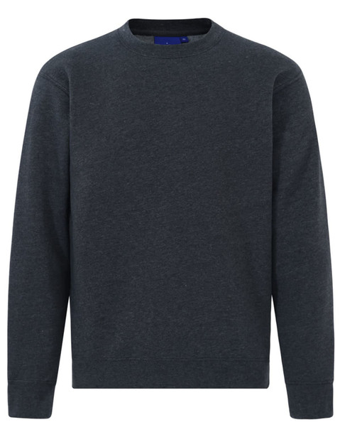 A dark grey crewneck sweatshirt with long sleeves and a simple design. It features a logo on the neckline.